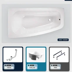 Baignoire asymétrique - 150 x 80 cm - Gauche - avec Habillage - Pieds - Vidage Chrome - LUNA