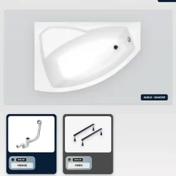 Baignoire asymétrique - 130 x 85 cm - Gauche - sans Habillage - avec Pieds - Vidage Chrome - RIMA