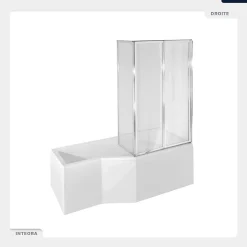 Baignoire asymétrique - 170 x 75 cm - Droite - avec Habillage - Pieds - Pare Baignoire 3 Volets - Vidage Chrome - INTEGRA