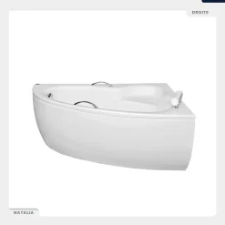 Baignoire asymétrique - 150 x 100 cm - Droite - avec Tablier - Pieds - Poignées - Repose-tête - Vidage Chrome - NATALIA PREMIUM