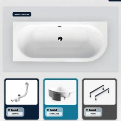 Baignoire asymétrique - 150 x 75 cm - Gauche - avec Habillage - Pieds - Vidage Chrome - AVITA