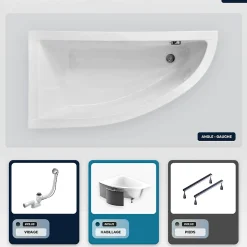 Baignoire asymétrique - 140 x 70 cm - Gauche - avec Habillage - Pieds - Vidage Chrome - PRAKTIKA