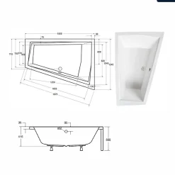 Baignoire asymétrique - 180 x 125 cm - Droite - avec Pieds - 2 Repose-têtes - Étagère bambou - Vidage Chrome - INTIMA DUO