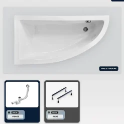 Baignoire asymétrique - 140 x 70 cm - Gauche - sans Habillage - avec Pieds - Vidage Chrome - PRAKTIKA