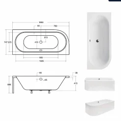 Baignoire asymétrique - 170 x 75 cm - Droite - avec Habillage - Pieds - Vidage Chrome - AVITA