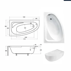 Baignoire asymétrique - 150 x 100 cm - Gauche - avec Tablier Blanc - Pieds - Vidage Chrome - CORNEA