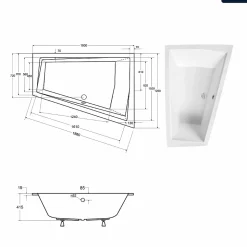 Baignoire asymétrique - 180 x 125 cm - Droite - sans Habillage - avec Pieds - Vidage Chrome - INTIMA DUO SLIM