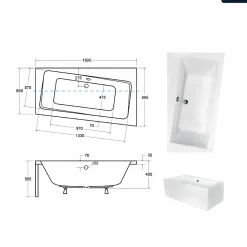 Baignoire asymétrique - 150 x 90 cm - Droite - avec Tablier Blanc - Pieds - Vidage Chrome - INFINITY