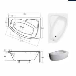 Baignoire asymétrique - 140 x 90 cm - Droite - sans Habillage - avec Pieds - Vidage Chrome - RIMA