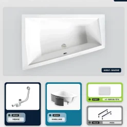 Baignoire asymétrique - 170 x 125 cm - Gauche - avec Habillage - Pieds - 2 Repose-têtes - Vidage Chrome - INTIMA DUO