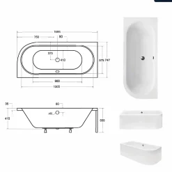 Baignoire asymétrique - 160 x 75 cm - Gauche - sans Habillage - avec Pieds - Repose-tête - Vidage Chrome - AVITA