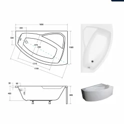 Baignoire asymétrique - 170 x 110 cm - Droite - avec Tablier - Pieds - Vidage Chrome - RIMA