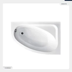 Baignoire asymétrique - 150 x 100 cm - Droite - avec Tablier Blanc - Pieds - Vidage Chrome - CORNEA