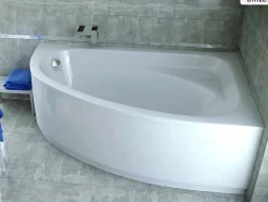 Baignoire asymétrique - 150 x 100 cm - Droite - avec Tablier Blanc - Pieds - Vidage Chrome - CORNEA