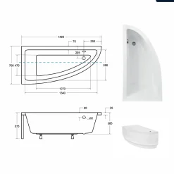 Baignoire asymétrique - 150 x 70 cm - Gauche - avec Habillage - Pieds - Vidage Chrome - PRAKTIKA