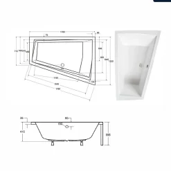 Baignoire asymétrique - 170 x 125 cm - Droite - avec Tablier - Pieds - 2 Repose-têtes - Vidage Chrome - INTIMA DUO
