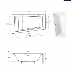 Baignoire asymétrique - 160 x 90 cm - Gauche - sans Habillage - avec Pieds - Repose-tête - Vidage Chrome - INTIMA