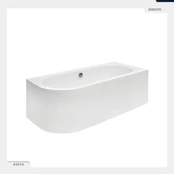 Baignoire asymétrique - 160 x 75 cm - Droite - sans Habillage - avec Pieds - Repose-tête - Étagère bambou - Vidage Chrome - AVITA