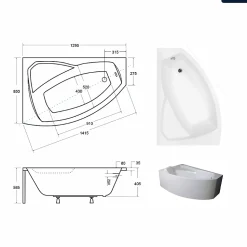 Baignoire asymétrique - 130 x 85 cm - Gauche - avec Tablier - Pieds - Vidage Chrome - RIMA