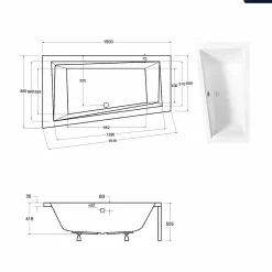 Baignoire asymétrique - 150 x 85 cm - Gauche - avec Tablier - Pieds - Vidage Chrome - INTIMA
