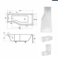 Baignoire asymétrique - 170 x 75 cm - Droite - sans Habillage - avec Pieds - Pare Baignoire 3 Volets - Vidage Chrome - INTEGRA