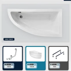 Baignoire asymétrique - 150 x 70 cm - Droite - avec Tablier - Pieds - Vidage Chrome - PRAKTIKA