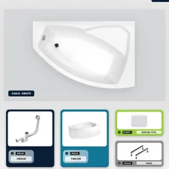 Baignoire asymétrique - 160 x 100 cm - Droite - avec Tablier - Pieds - Repose-tête - Vidage Chrome - RIMA