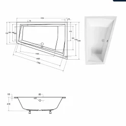 Baignoire asymétrique - 170 x 125 cm - Droite - sans Habillage - avec Pieds - 2 Repose-têtes - Vidage Chrome - INTIMA SLIM
