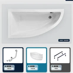 Baignoire asymétrique - 140 x 70 cm - Gauche - avec Tablier - Pieds - Vidage Chrome - PRAKTIKA