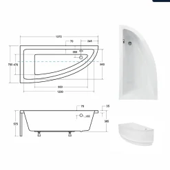 Baignoire asymétrique - 140 x 70 cm - Gauche - avec Tablier - Pieds - Vidage Chrome - PRAKTIKA