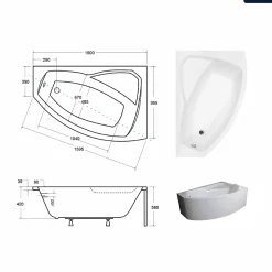 Baignoire asymétrique - 150 x 95 cm - Droite - sans Habillage - avec Pieds - Vidage Chrome - RIMA