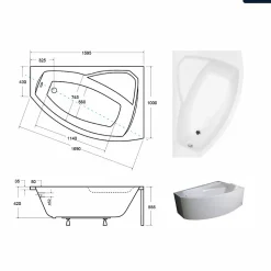 Baignoire asymétrique - 160 x 100 cm - Droite - sans Habillage - avec Pieds - Repose-tête - Vidage Chrome - RIMA