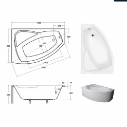 Baignoire asymétrique - 150 x 95 cm - Gauche - avec Tablier - Pieds - Vidage Chrome - RIMA