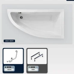 Baignoire asymétrique - 150 x 70 cm - Droite - sans Habillage - avec Pieds - Vidage Chrome - PRAKTIKA