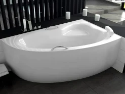 Baignoire asymétrique - 150 x 100 cm - Droite - avec Habillage - Pieds - Poignées - Repose-tête - Vidage Chrome - NATALIA PREMIUM