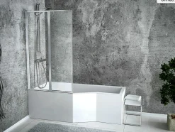 Baignoire asymétrique - 170 x 75 cm - Gauche - avec Tablier - Pieds - Pare Baignoire 3 Volets - Vidage Chrome - INTEGRA