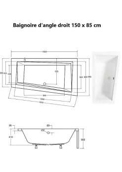 Baignoire asymétrique + tablier noir + repose tête - INTIMA - 150 x 85 cm - Droite