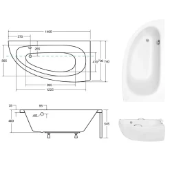 Baignoire asymétrique + tablier blanc + repose tête + poignées - MILENA PREMIUM - 150 x 70 cm - Droite