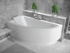 Baignoire asymétrique + tablier blanc + repose tête - PRAKTIKA - 150 x 70 cm - Gauche
