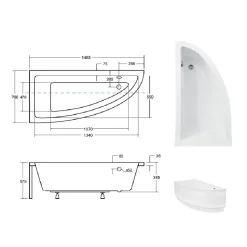 Baignoire asymétrique + tablier blanc + repose tête - PRAKTIKA - 150 x 70 cm - Gauche