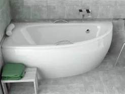 Baignoire asymétrique + tablier blanc + repose tête + poignées - MILENA PREMIUM - 150 x 70 cm - Gauche