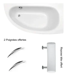 Baignoire asymétrique + tablier blanc + repose tête + poignées - MILENA PREMIUM - 150 x 70 cm - Gauche