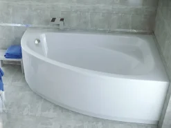 Baignoire asymétrique 140 x 80 Droite CORNEA acrylique blanc + avec Tablier + Pieds + Vidage à chromé