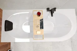 Baignoire asymétrique 180 x 80 Gauche AVITA acrylique blanc, sans Habillage + Étagère bambou + Pieds + Vidage à chromé