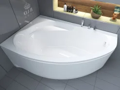 Baignoire asymétrique 160 x 100 Gauche MAREA acrylique blanc + avec Tablier + Pieds + Vidage à chromé