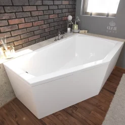 Baignoire asymétrique 150 x 90 Droite SELENA acrylique blanc + avec Tablier + Pieds + Vidage à chromé