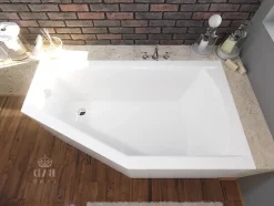 Baignoire asymétrique 150 x 90 Droite SELENA acrylique blanc + avec Tablier + Pieds + Vidage à chromé