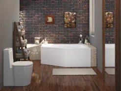 Baignoire asymétrique 150 x 90 Droite SELENA acrylique blanc + avec Tablier + Pieds + Vidage à chromé