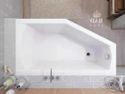 Baignoire asymétrique 150 x 90 Droite SELENA acrylique blanc + avec Tablier + Pieds + Vidage à chromé