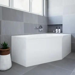 Baignoire asymétrique 150 x 90 Droite SELENA acrylique blanc + avec Tablier + Pieds + Vidage à chromé